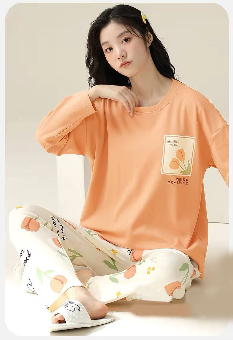 orange pocket full sleeves printed design night suit cotton jersy fabric