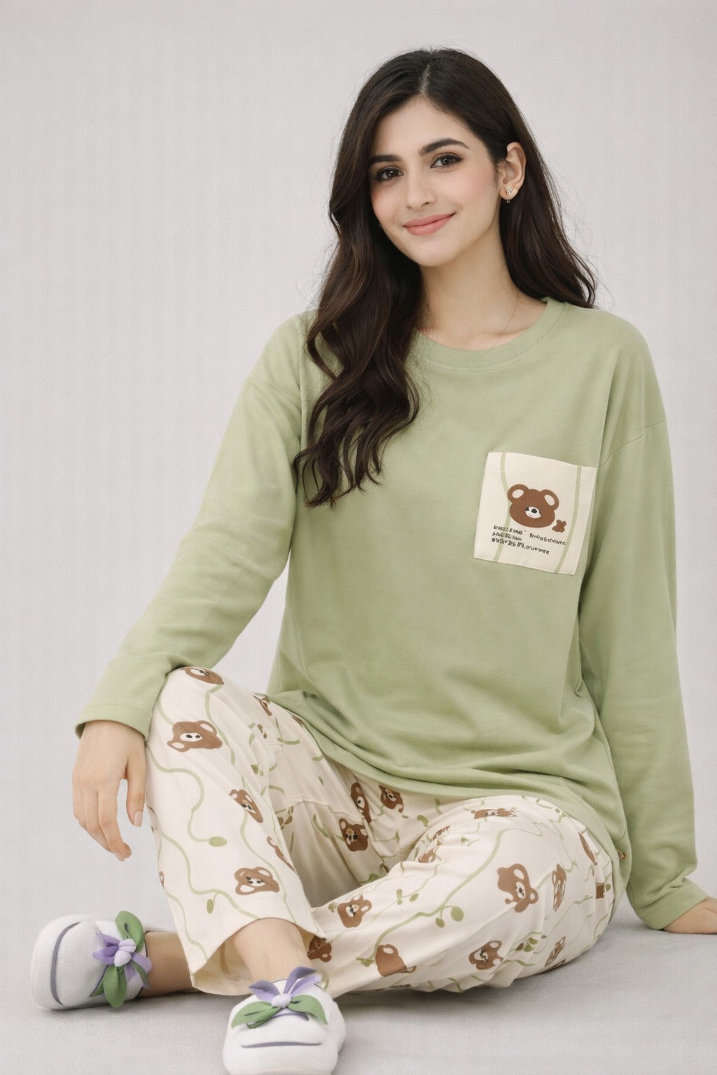 green bear design night suit premium fabric for girls and woman