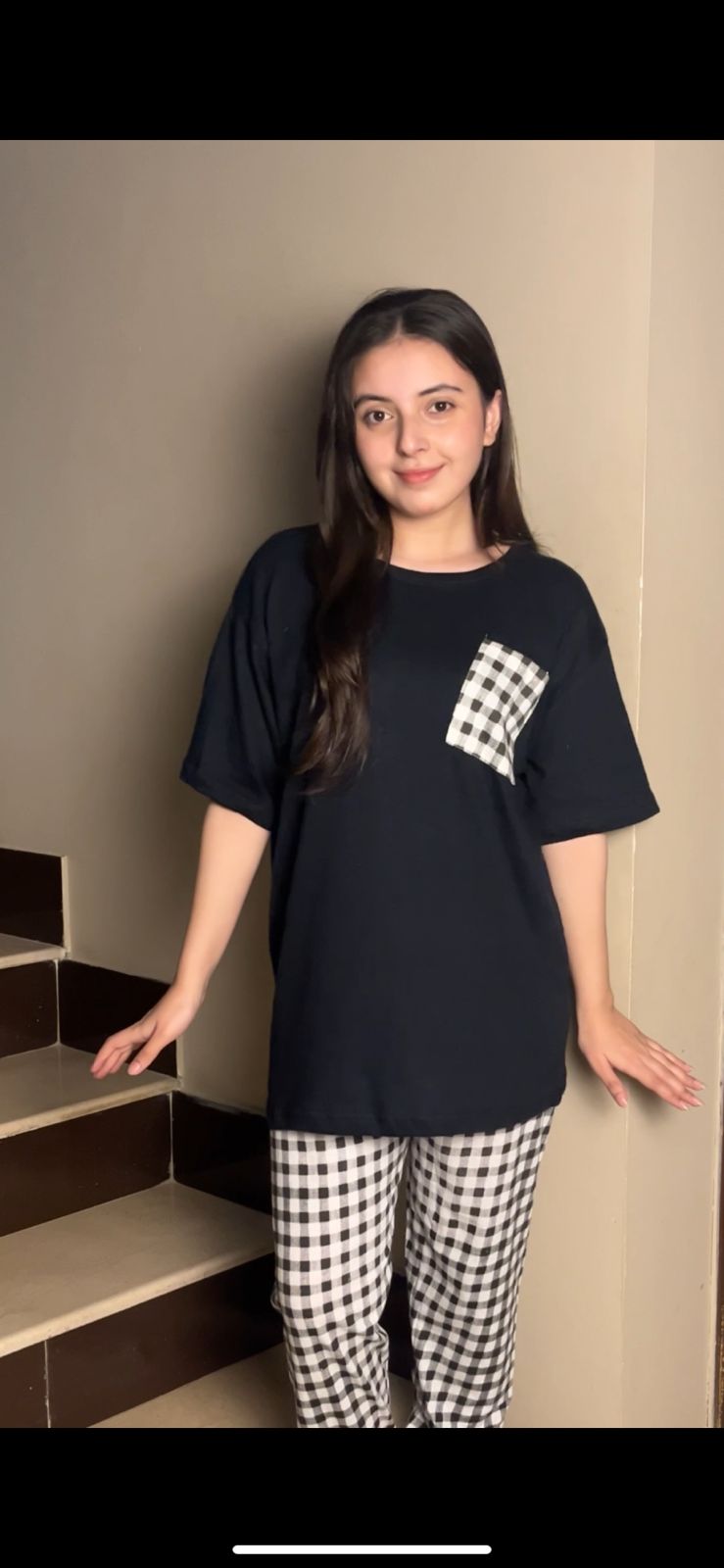 BLACK POCKET  DESIGN NIGHT DRESS IN COTTON FABRIC