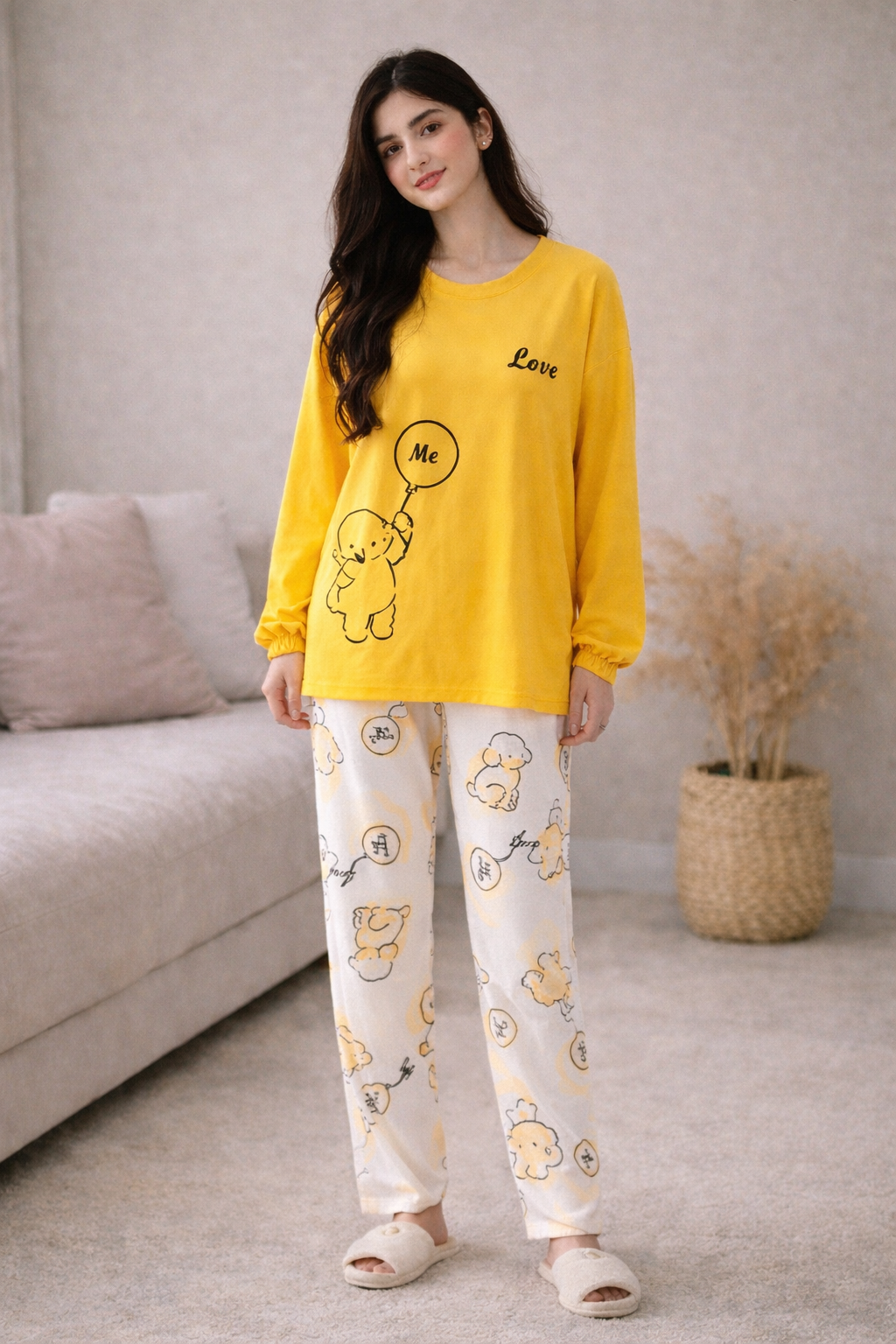 yellow love design night suit premium fabric for girls and woman