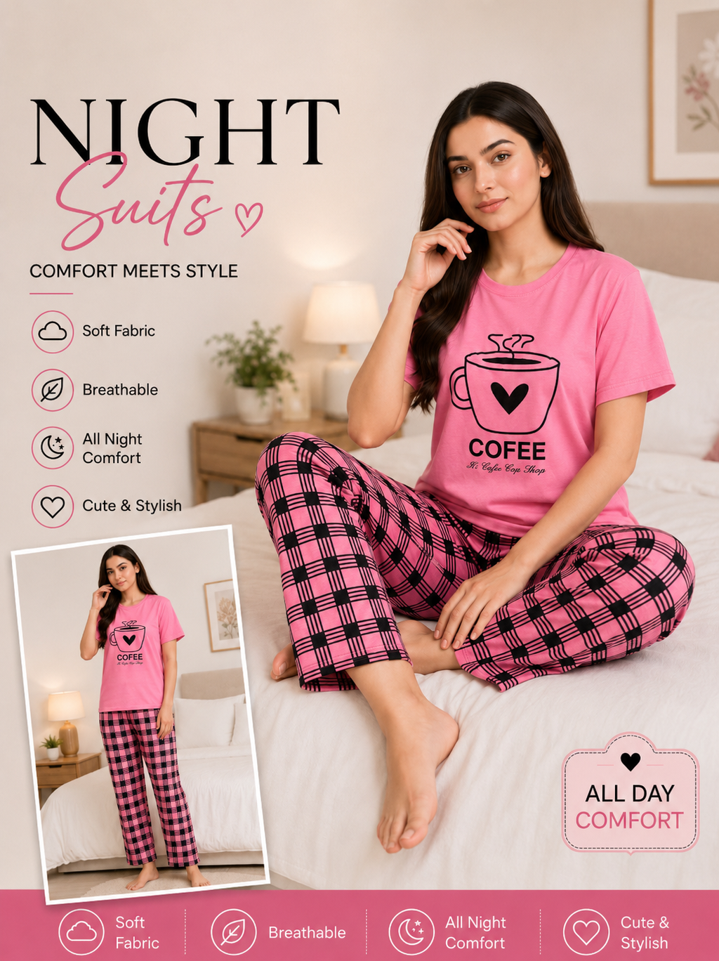 PINK COFFEE HALF design night suit premium fabric for girls and woman