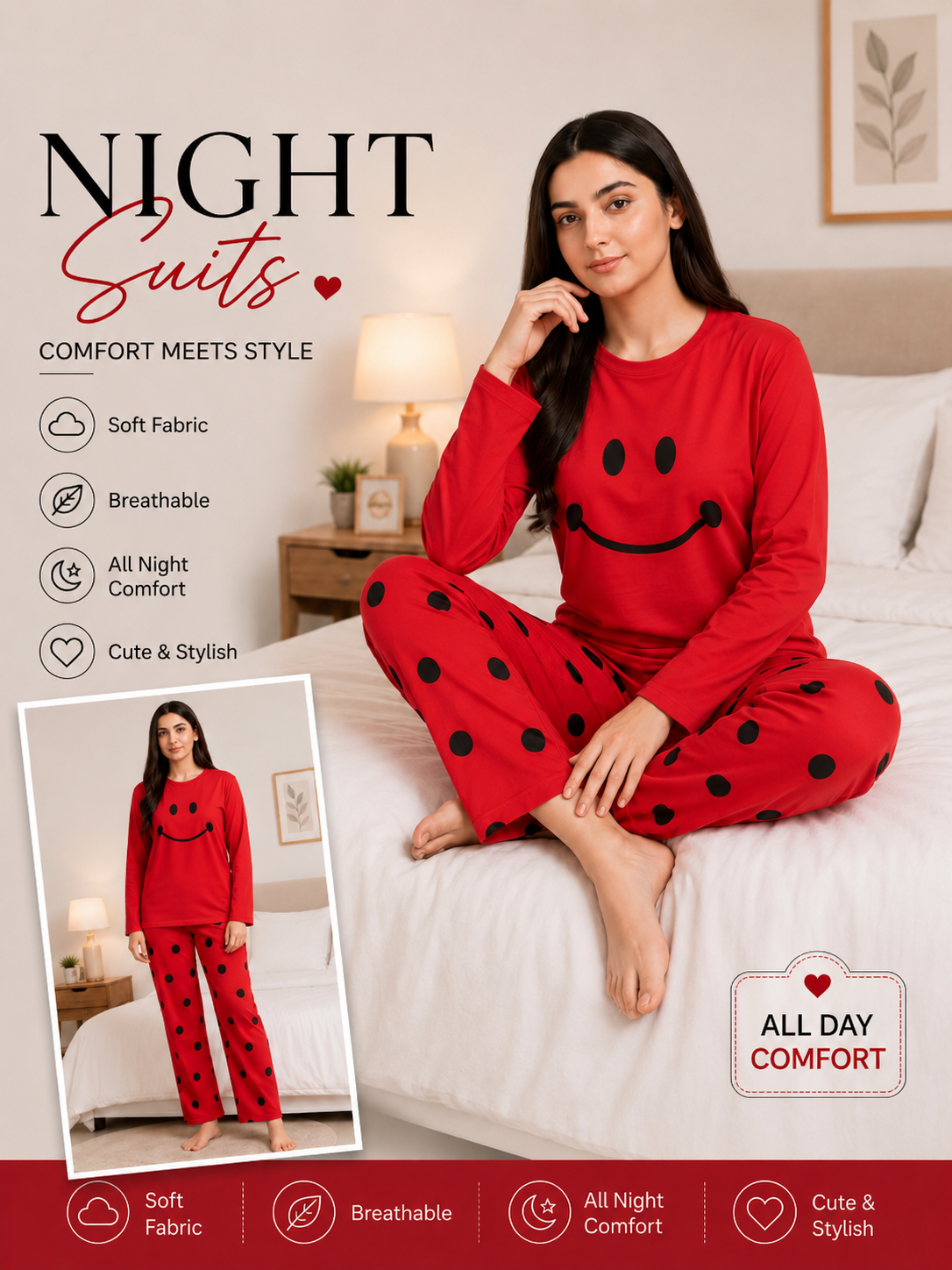RED SMILEY HALF design night suit premium fabric for girls and woman