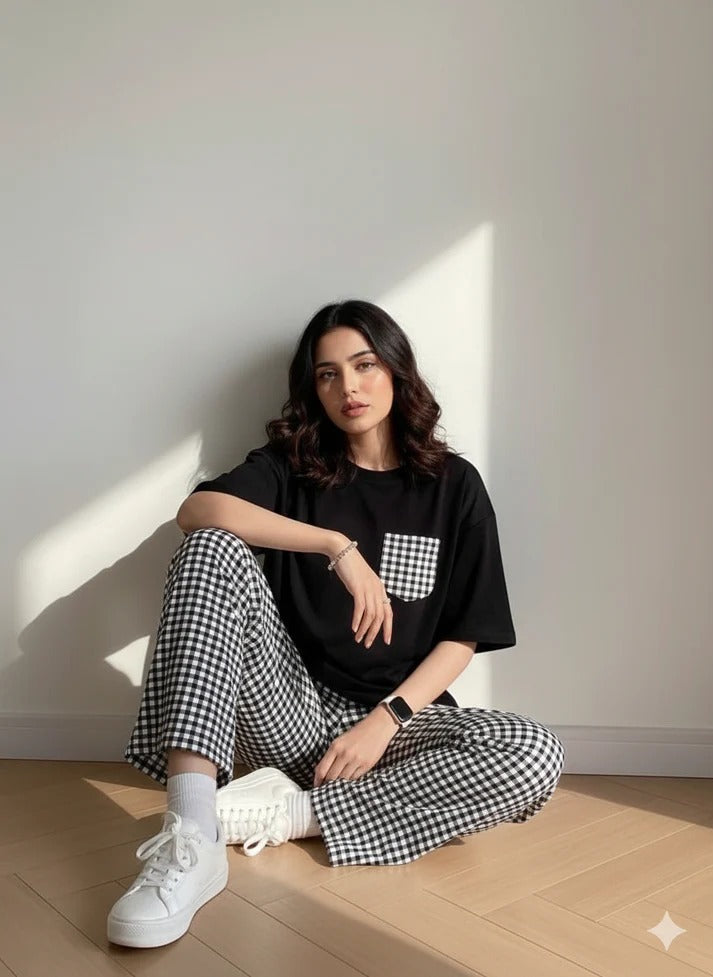 BLACK POCKET  DESIGN NIGHT DRESS IN COTTON FABRIC
