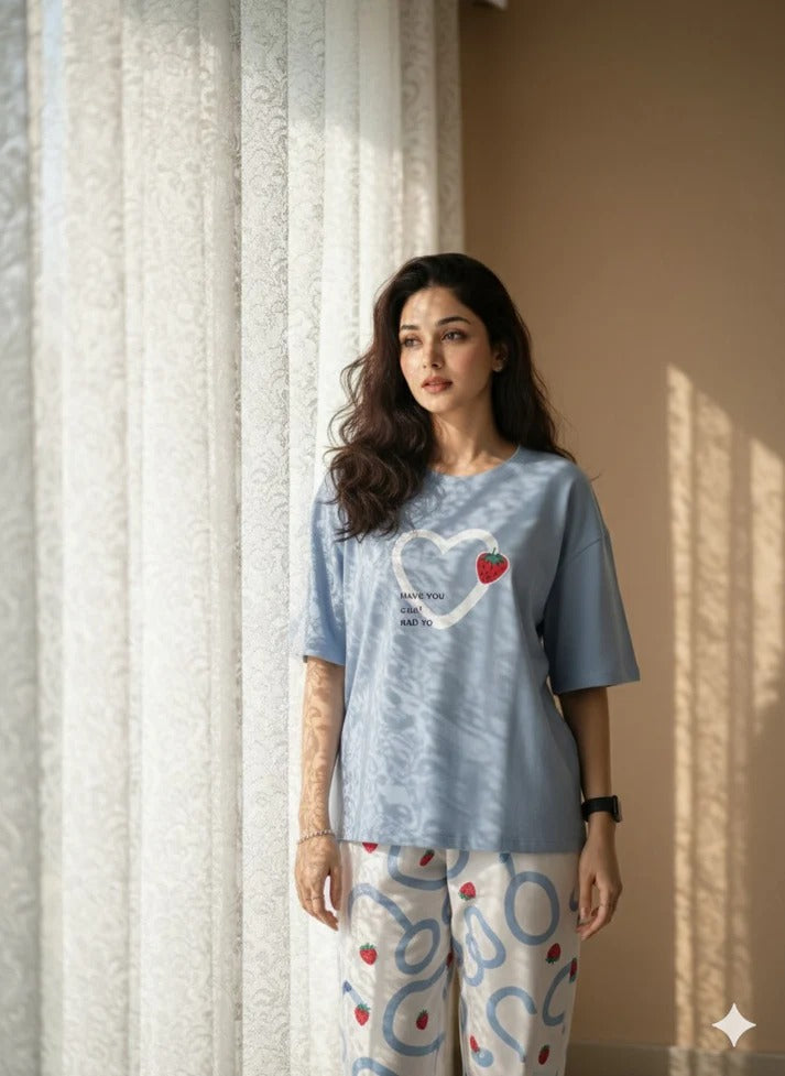 BLUE HEART DESIGN NIGHT DRESS IN COTTON FABRIC - M.H fashion 