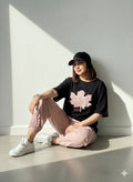 BLACK AND PINK LEAF DESIGN  NIGHTSUIT FABRIC  COTTON JARSY - M.H fashion 