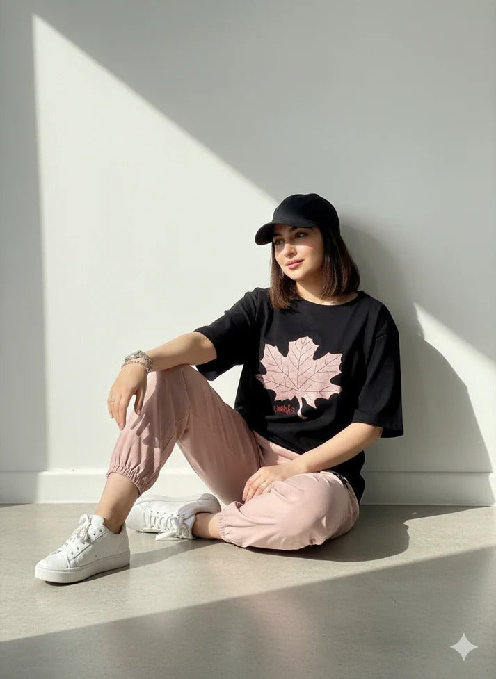 BLACK AND PINK LEAF DESIGN  NIGHTSUIT FABRIC  COTTON JARSY - M.H fashion 