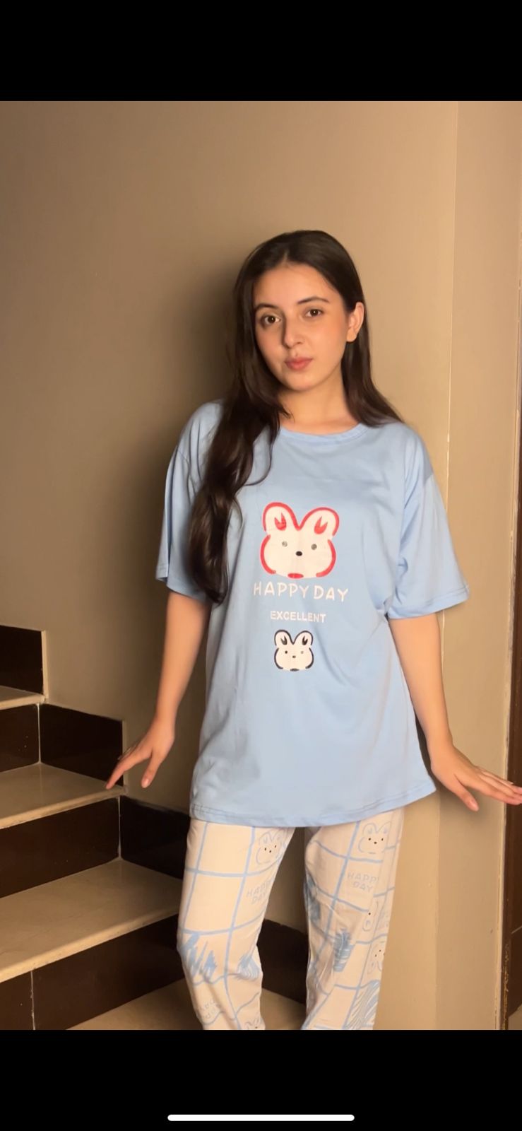 BLUE RABBID DESIGN NIGHT DRESS IN COTTON FABRIC