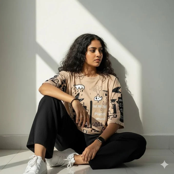 BROWN PLANET DESIGN NIGHT DRESS IN COTTON FABRIC