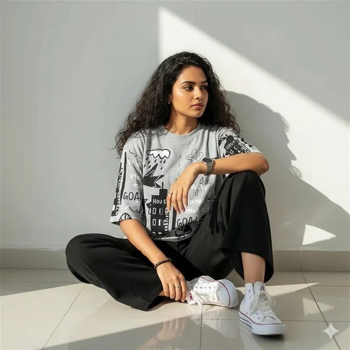 GREY  PLANET DESIGN NIGHT DRESS IN COTTON FABRIC