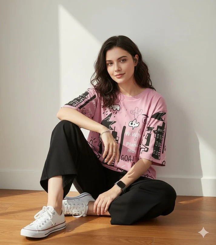 PINK PLANET DESIGN NIGHT DRESS IN COTTON FABRIC