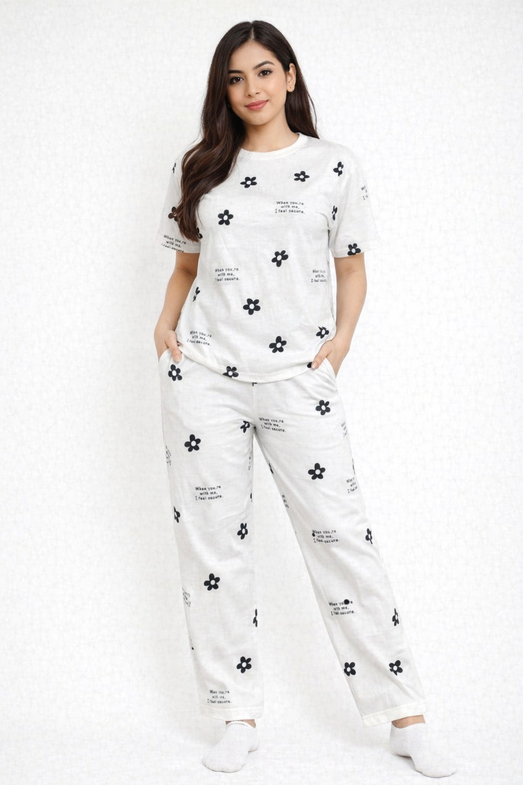 WHITE FLOWER DESIGN NIGHT DRESS IN COTTON FABRIC