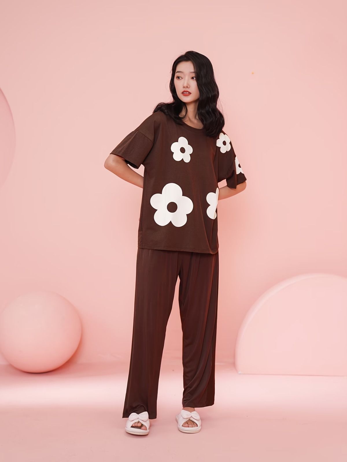 BROWN FLOWER  DESIGN NIGHT DRESS IN COTTON FABRIC