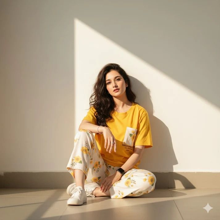 YELLOW POKET DESIGN NIGHT DRESS IN COTTON FABRIC