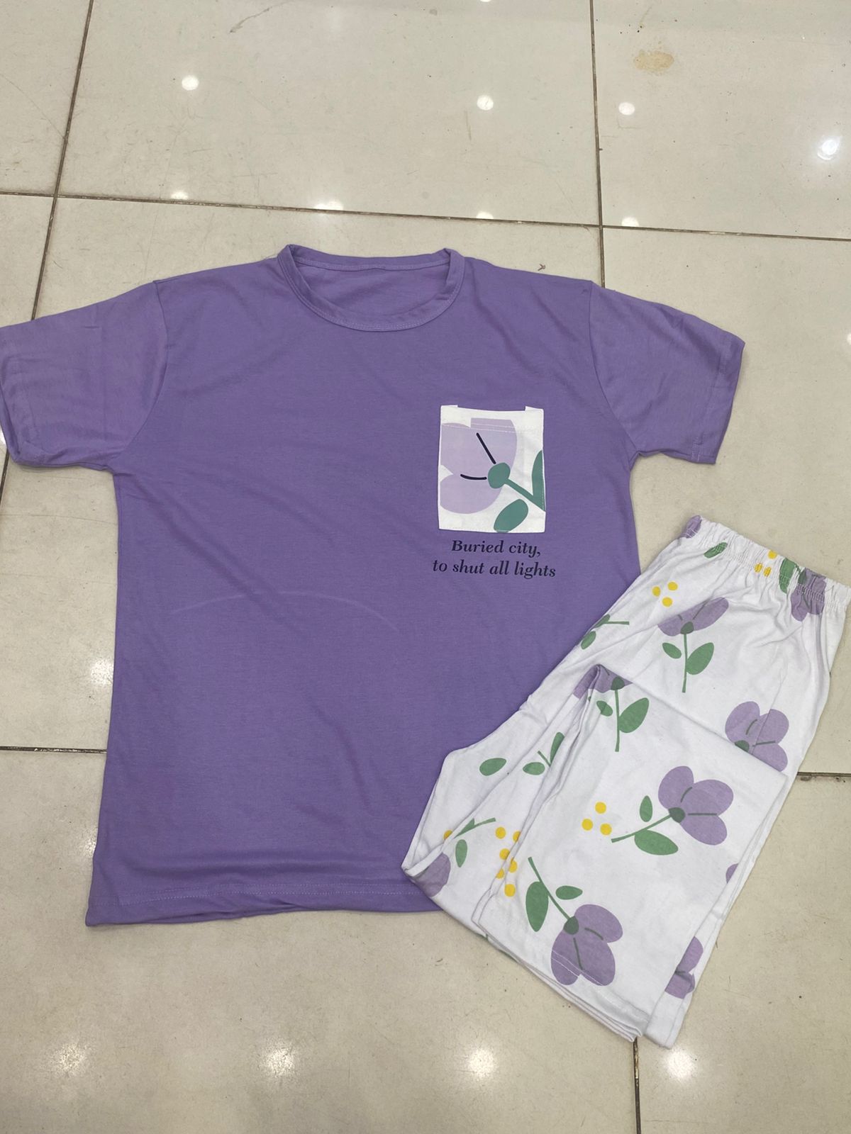 PURPLE WHITE FLOWER DESIGN NIGHT DRESS IN COTTON FABRIC