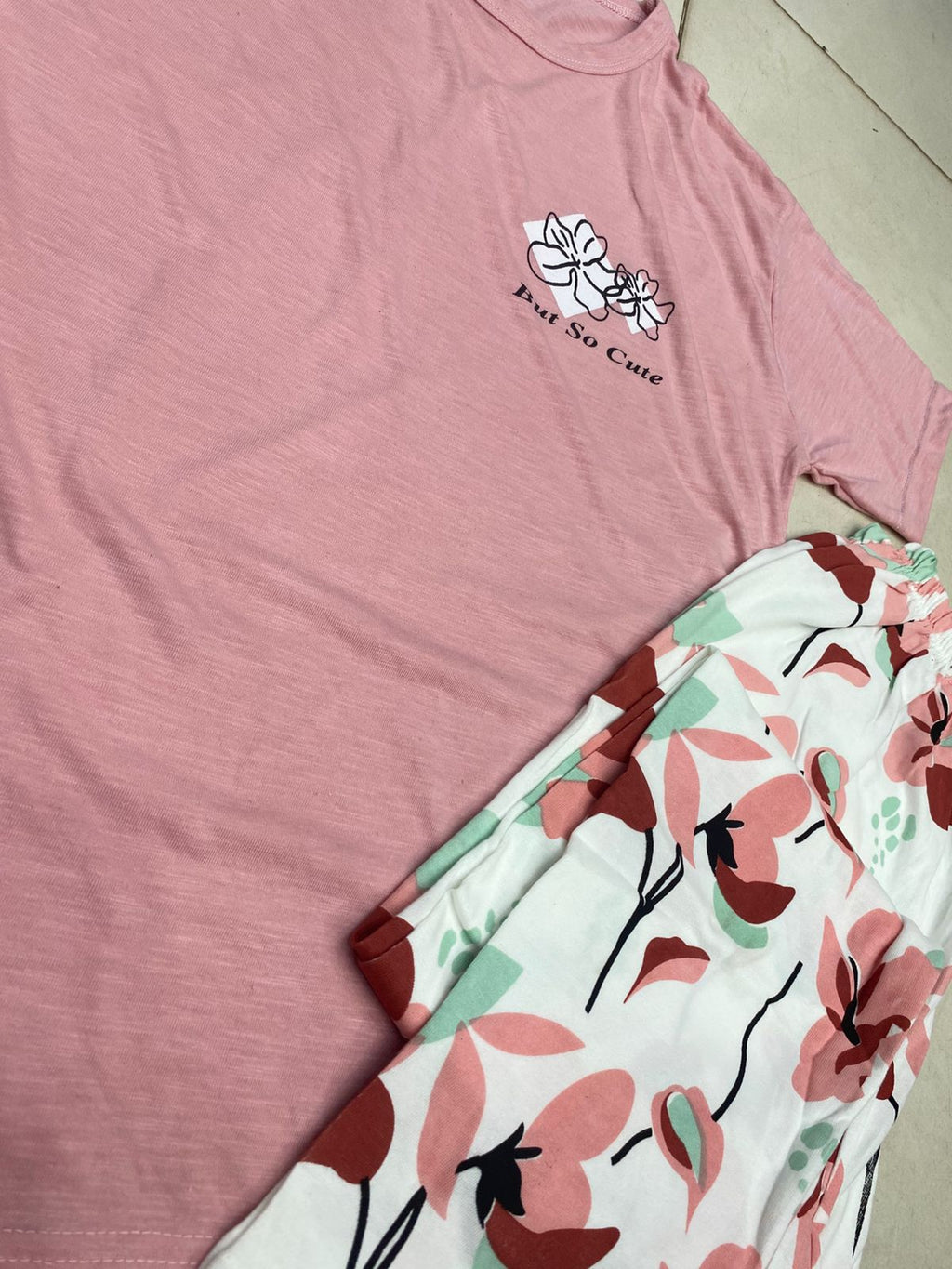 WHITE FLOWER PRINTED PINK SUIT DESIGN NIGHT DRESS IN COTTON FABRIC