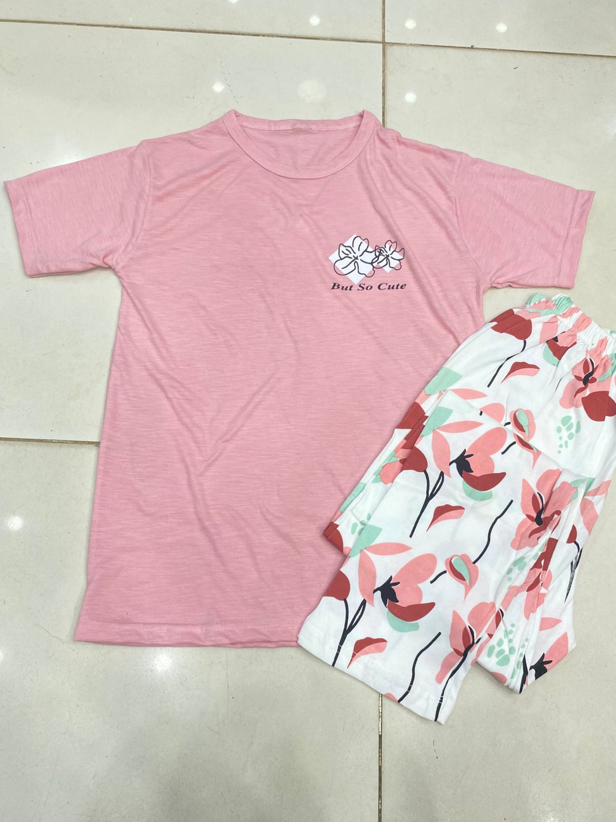 WHITE FLOWER PRINTED PINK SUIT DESIGN NIGHT DRESS IN COTTON FABRIC