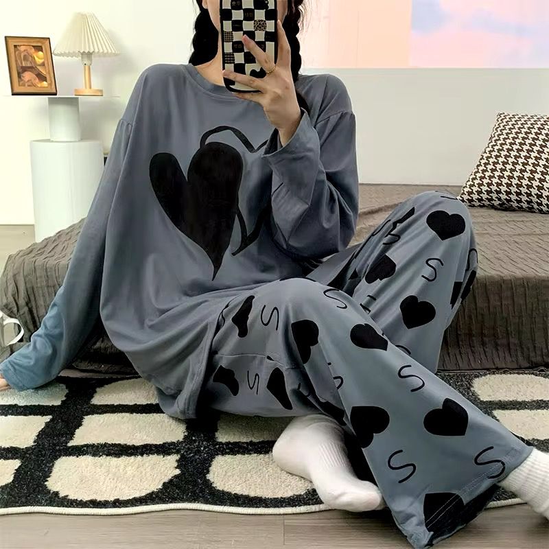 GREY DOUBLE HEART FULL SLEEVE DESIGN NIGHT DRESS IN COTTON FABRIC