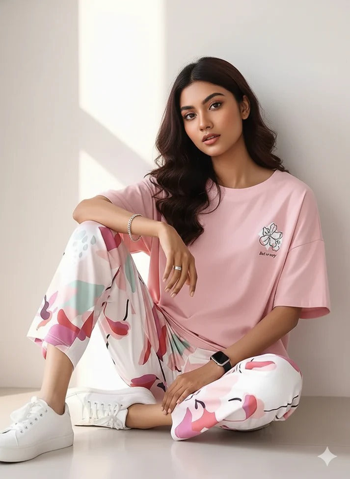 WHITE FLOWER PRINTED PINK SUIT DESIGN NIGHT DRESS IN COTTON FABRIC