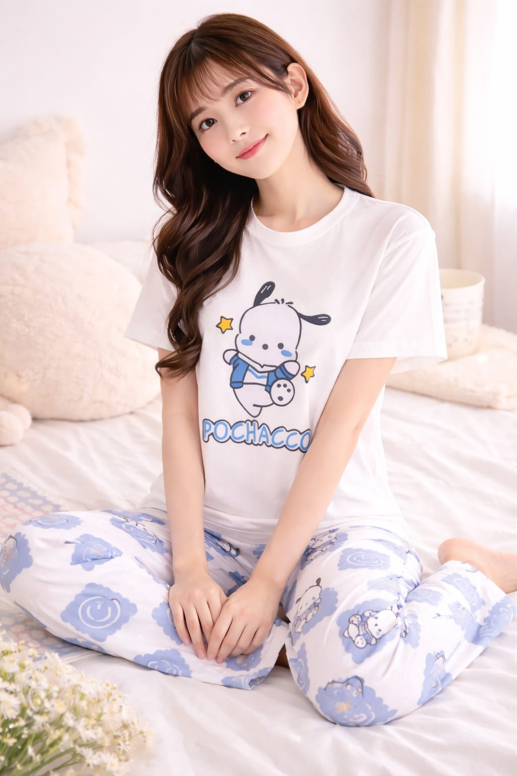 WHITE PANDA  DESIGN NIGHT DRESS IN COTTON FABRIC