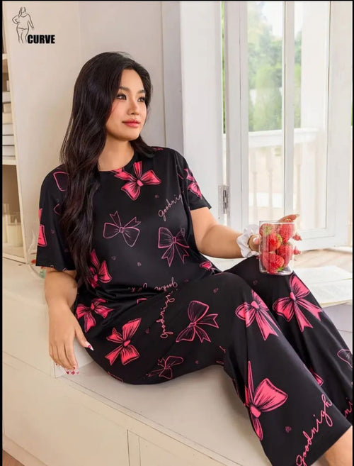 Black and pink flower design night suit premium fabric for girls and woman