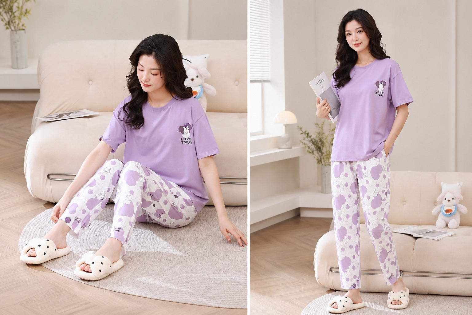 PURPLE LOVE  TROUSERS  NIGHT DRESS FLOWER PRINTED IN COTTON FABRIC