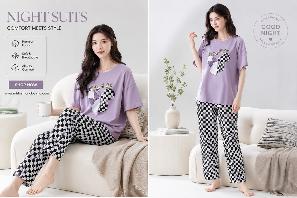 PURPLE BLACK TROUSERS  NIGHT DRESS FLOWER PRINTED IN COTTON FABRIC