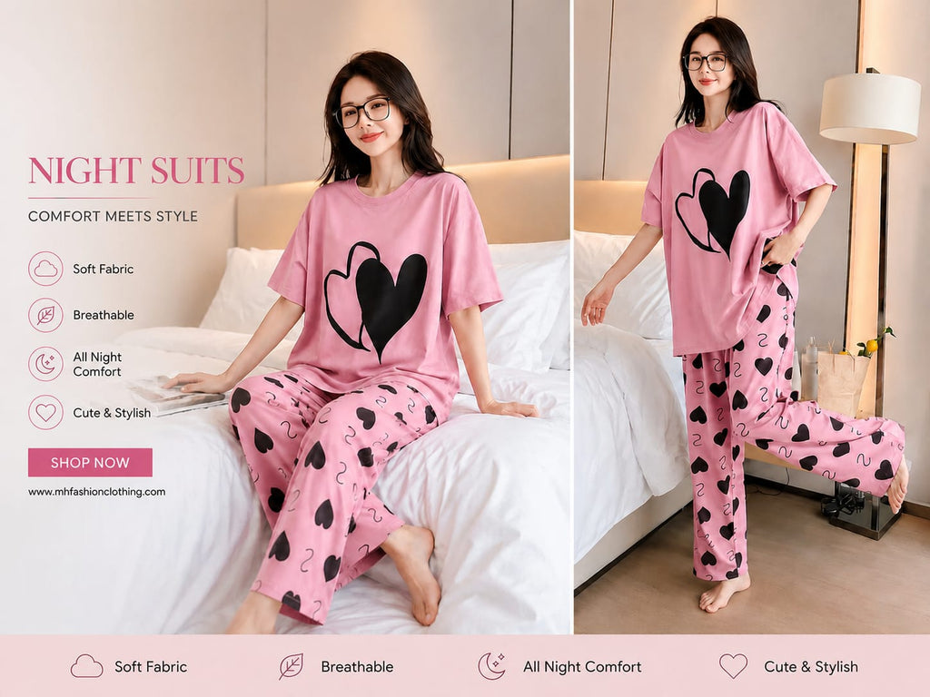pink double heart half sleeve  printed night suit in premium fabric cotton jarsy (Copy)