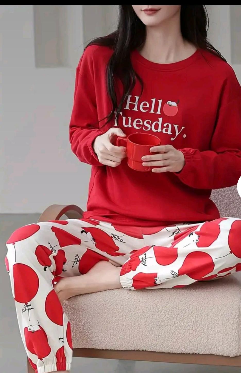 RED FULL SLEEVE   DESIGN NIGHT DRESS IN COTTON FABRIC