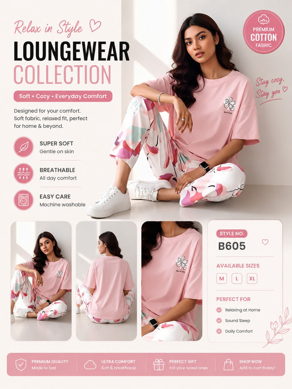 WHITE FLOWER PRINTED PINK SUIT DESIGN NIGHT DRESS IN COTTON FABRIC