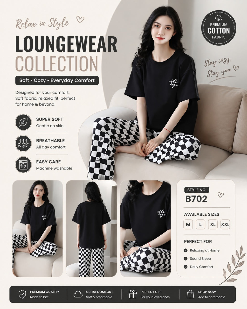 BLACK CHECK HALF happy bear design night suit premium fabric for girls and woman
