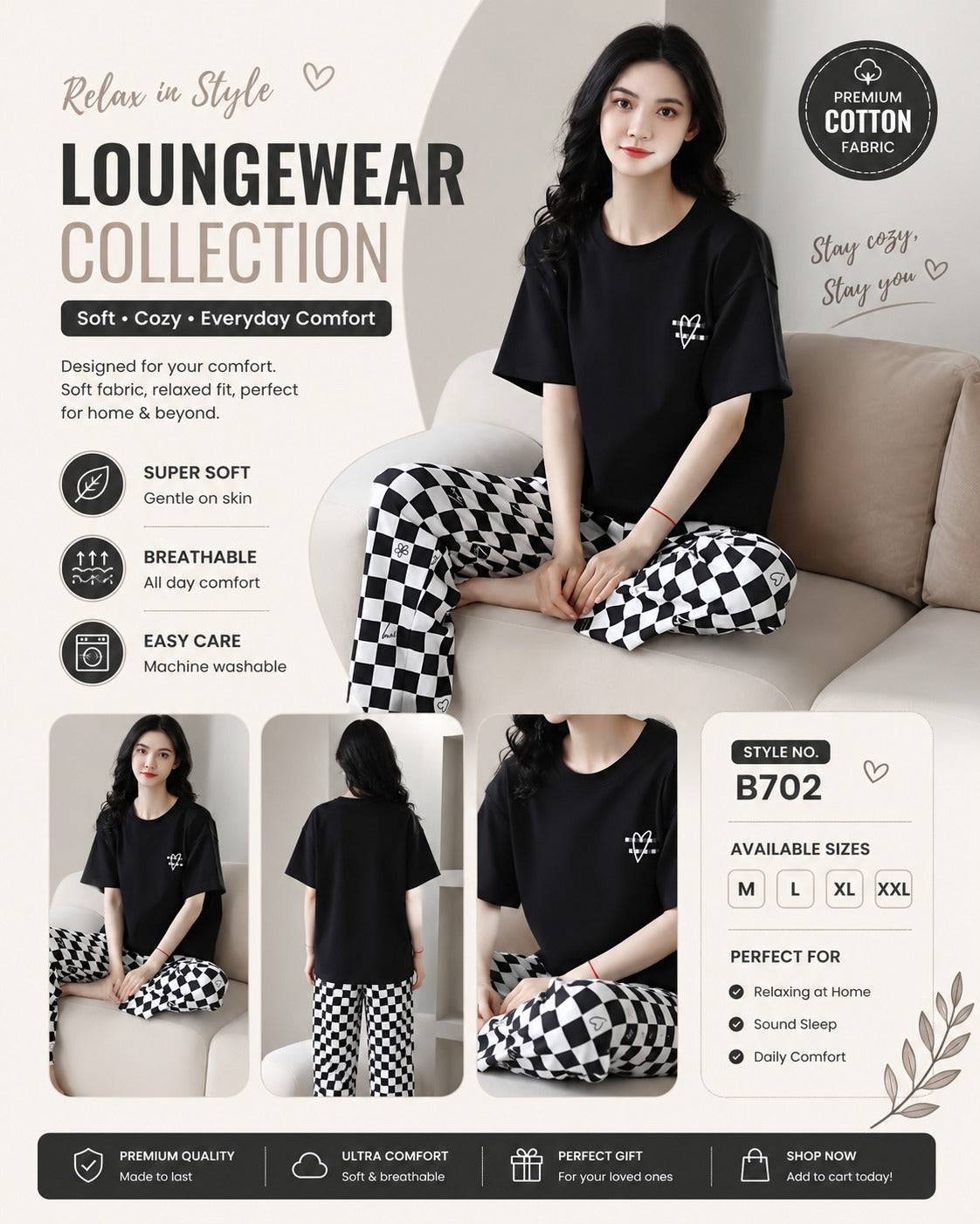 BLACK CHECK HALF happy bear design night suit premium fabric for girls and woman