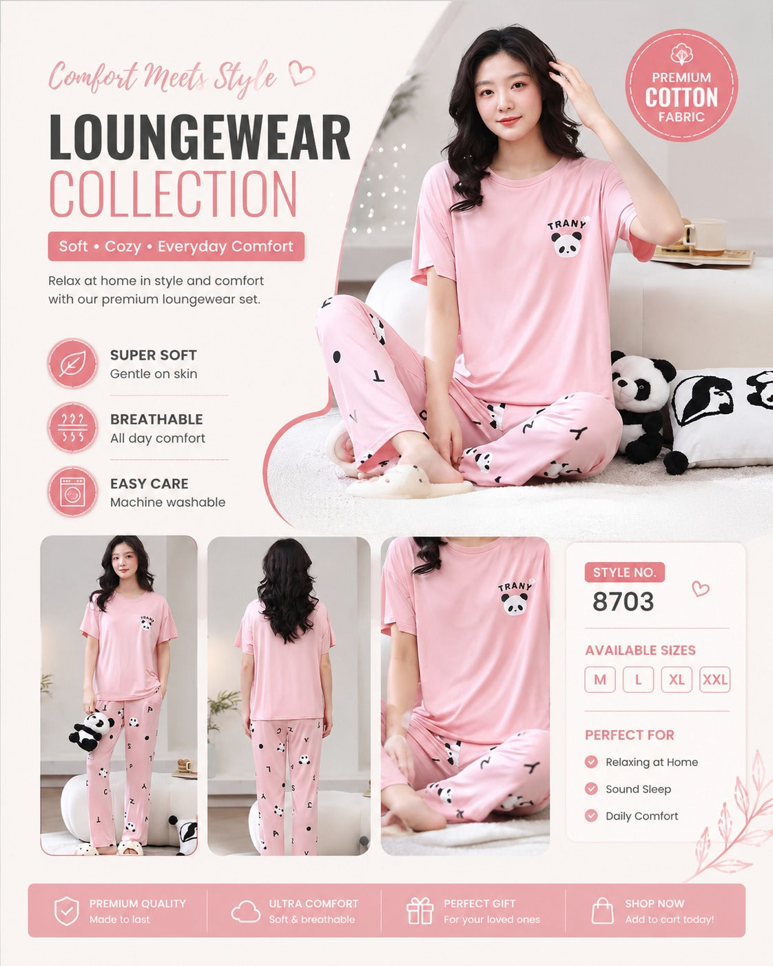PINK  PANDA HALF happy bear design night suit premium fabric for girls and woman