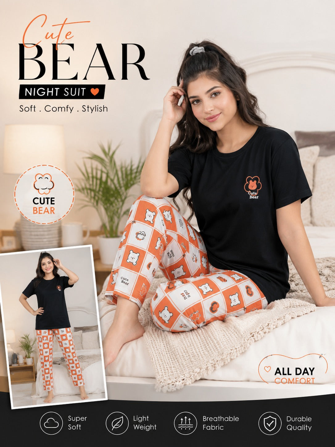BLACK CUTE BEAR  happy bear design night suit premium fabric for girls and woman