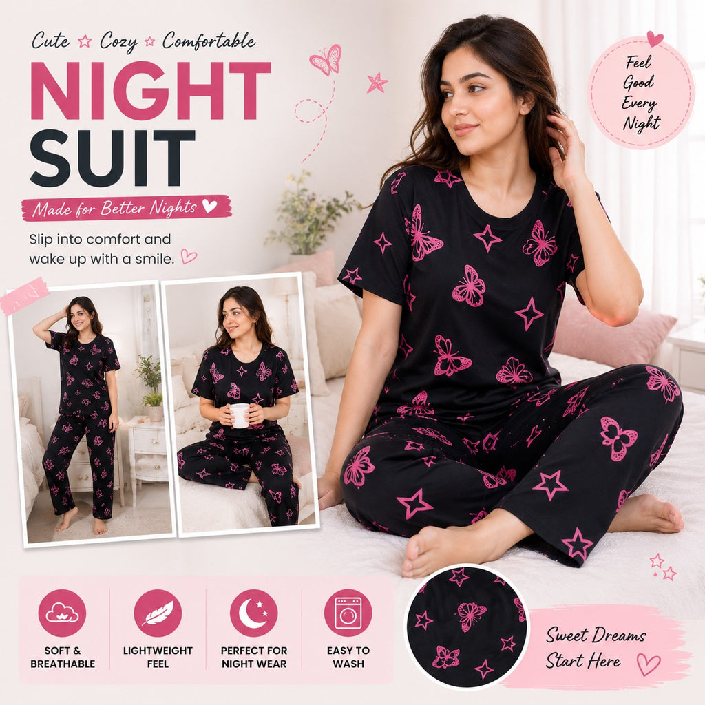 BLACK PINK BUTTER FLY  HALF design night suit premium fabric for girls and woman
