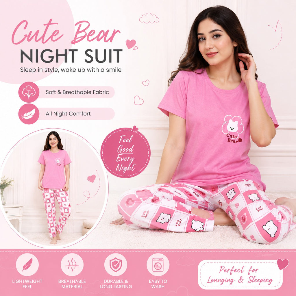 PINK CUTE BEAR   HALF design night suit premium fabric for girls and woman