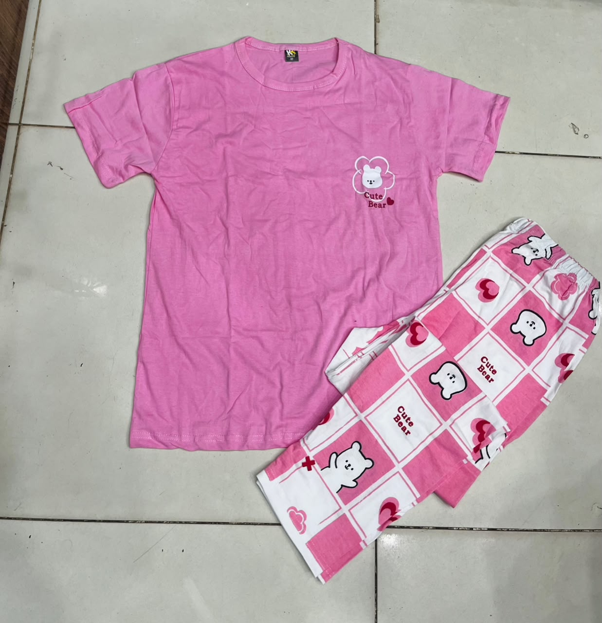 PINK CUTE BEAR   HALF design night suit premium fabric for girls and woman
