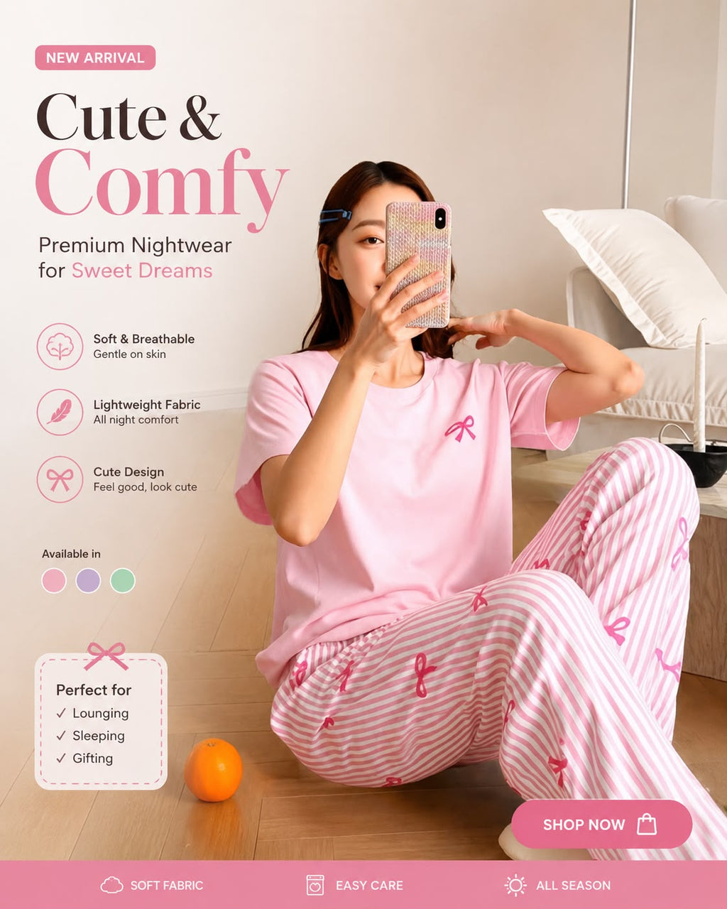 PINK BOW CUTE BEAR   HALF design night suit premium fabric for girls and woman