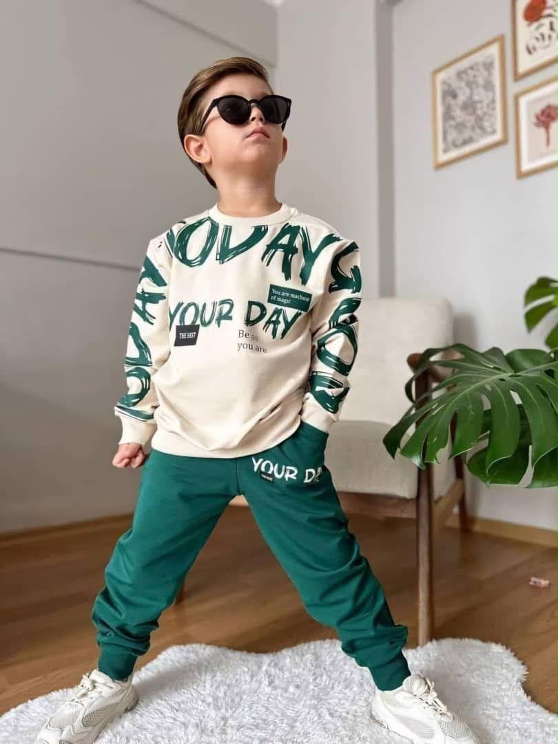 Green your day printed kids suit for winter
